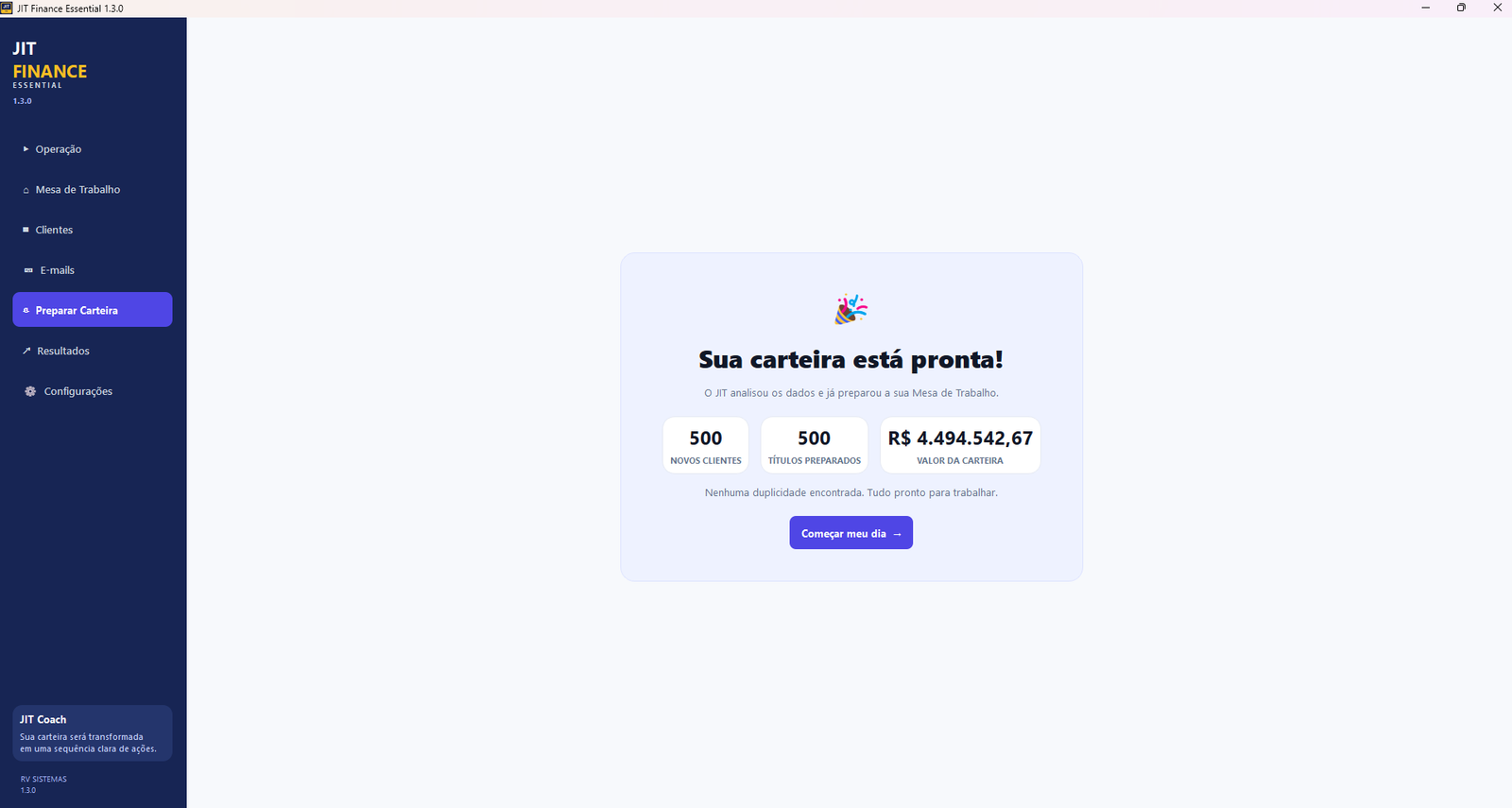 Tela de carteira pronta no JIT Finance Essential