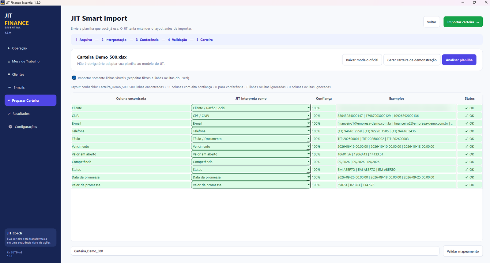 JIT Smart Import com exemplos de clientes desfocados